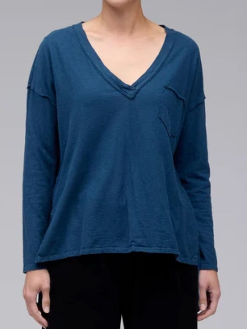 Cut Loose Linen Cotton Blend V Blue V-Neck Lagenlook Raw Edge Pocket Tee L